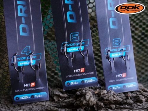 ROK D-RIG Wide Gape Barbless - 2db/csomag - előkötött szakáll nélküli horog - 4 - 0,40mm